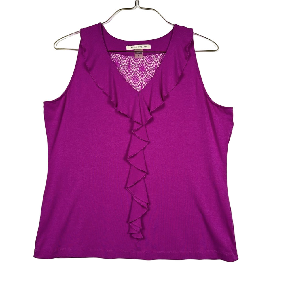 Peter Nygard Purple Sleeveless Ruffle Blouse Lace back Detail Size XL